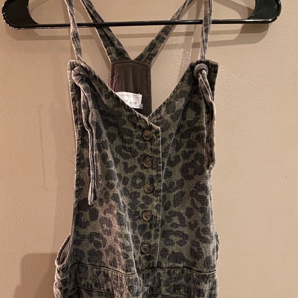 Olive leopard print denim overall jumpsuit
